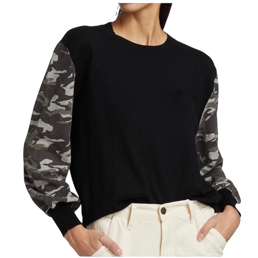 Monrow Women’s black sweater, textured camo sleeves, cotton/cashmere, Size XS